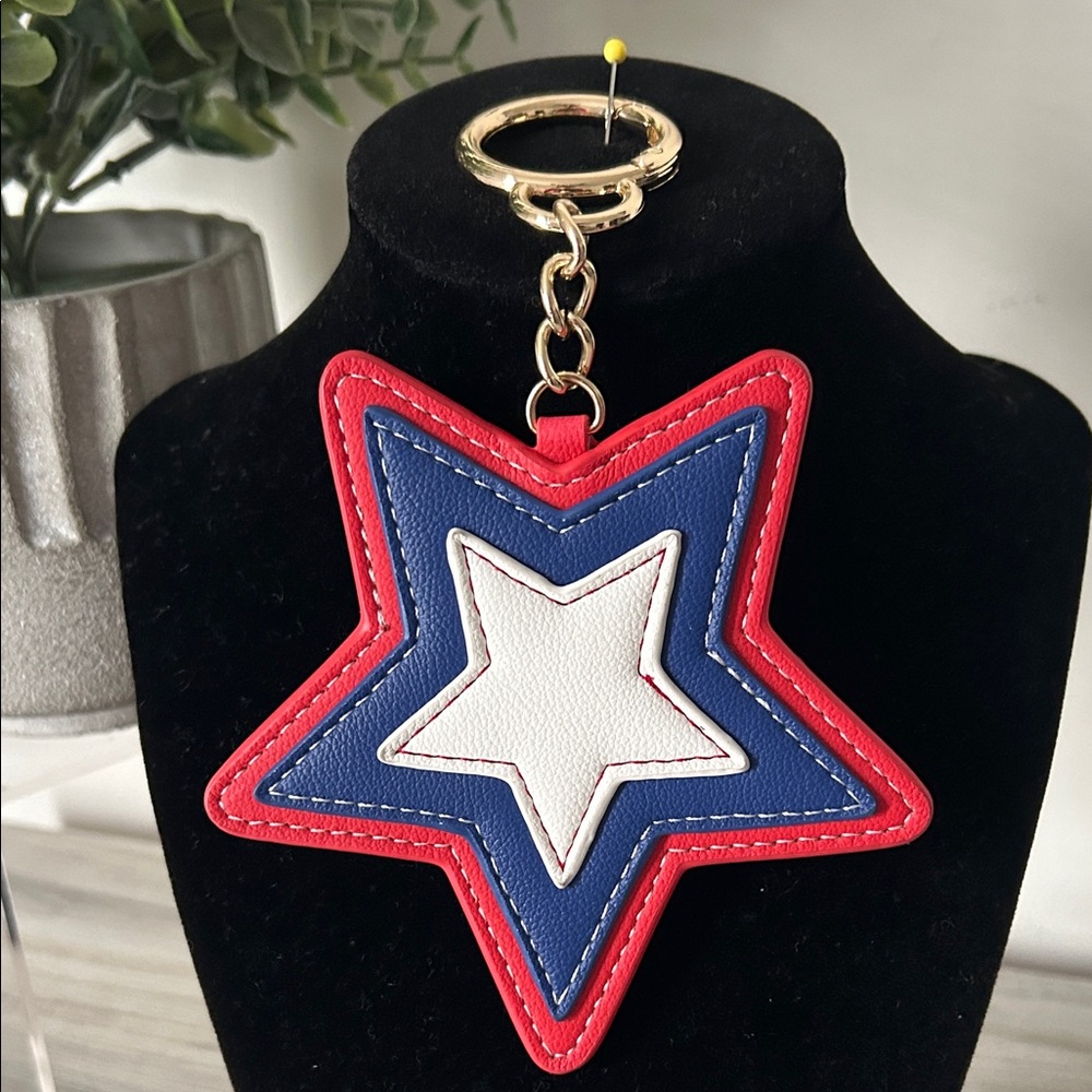 Star Shaped bag charm with Red, Blue, and White Design NWOT